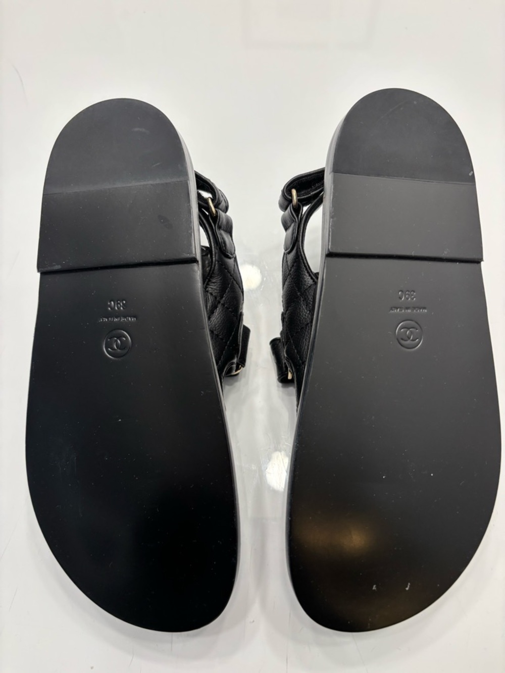 CHANEL Black Quilted Leather Double-Strap Sandals with Gold CC Logos - Picture 3 of 3